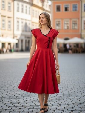 Vintage Stop Staring Red Fit-and-Flare Midi Dress with Black Trim Retro Pin-up